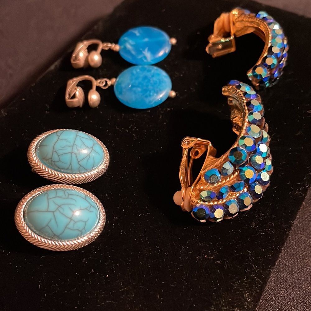 3 pairs clip earrings turquoise and aquamarine